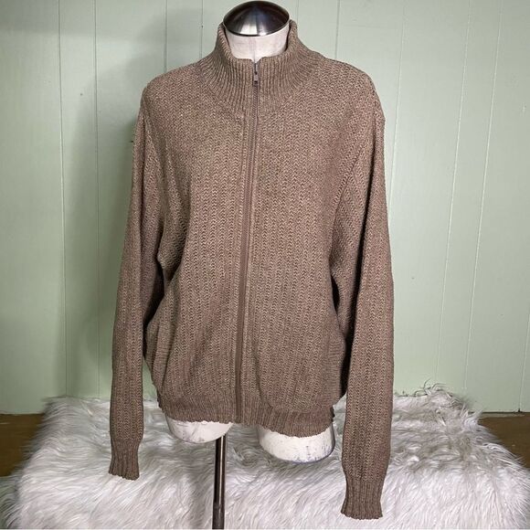 Vintage LL Bean Chunky Knit Zip Cardigan Wool Tan‎ Brown Size Large - Picture 2 of 7
